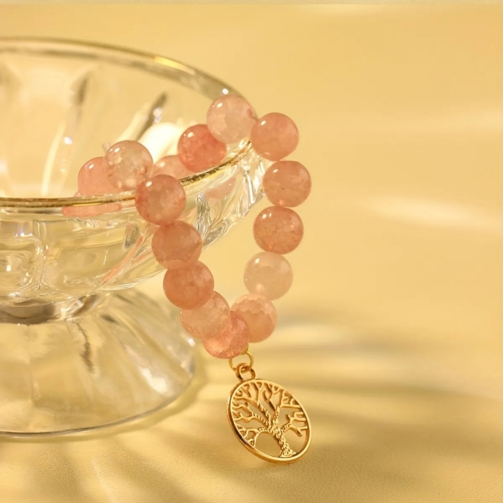 Pink Crystal Beaded Bracelet With Tree Of Life Shape Pendant. - Picture 3 of 6